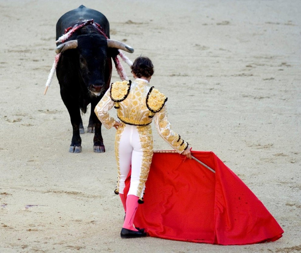 Matador mit rotem Tuch vor einem Stier