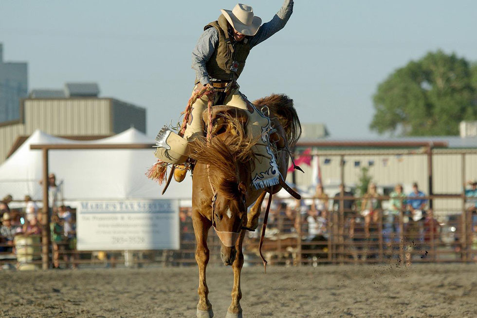 Ein Mann mit Cowboyhut reitet auf einem Pferd Rodeo.