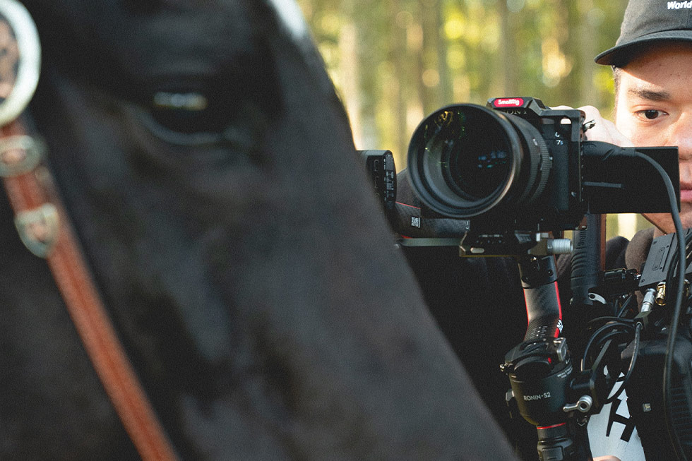 Mann filmt Pferd mit Kamera