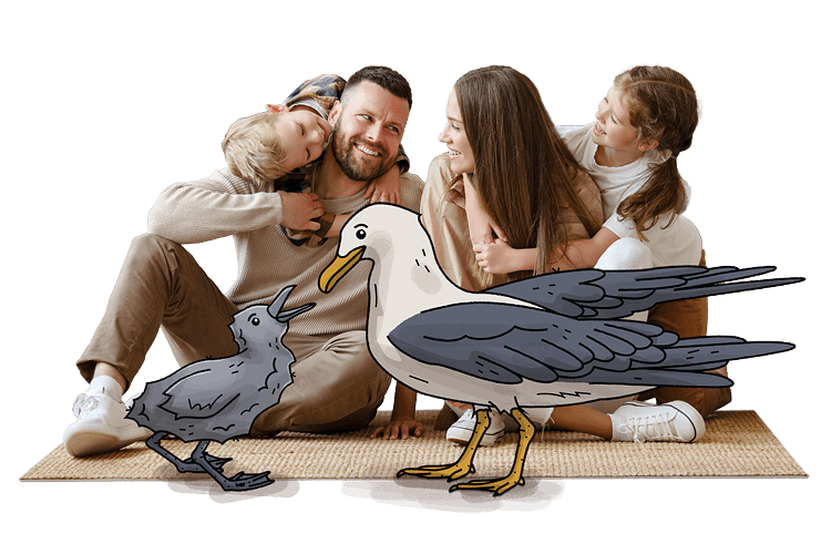 Eine Familie mit Muter, Vater und zwei Kinder sind im Wohnzimmer und daneben ein Illustrierter Vogel und Küken