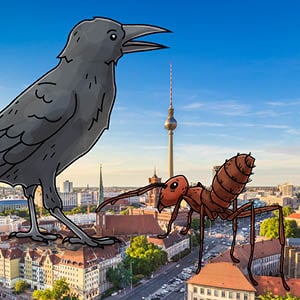 Ein riesiger illustrierter Raabe und Ameise stehen auf den Dächern einer Stadt