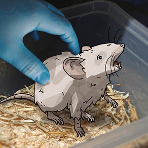 Eine illustrierte Maus sitzt in einer Box mit Streu und wird von einer Hand mit blauen Gummihandschuhen herausgenommen