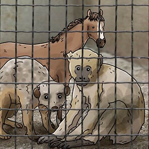 Ein illustrierter Affe, Pferd und Erdmännchen stehen hinter Gittern