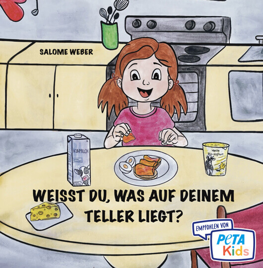 Buchcover von "Weißt du, was auf deinem Teller liegt?" mit PETAKids-empfiehlt-Plakette